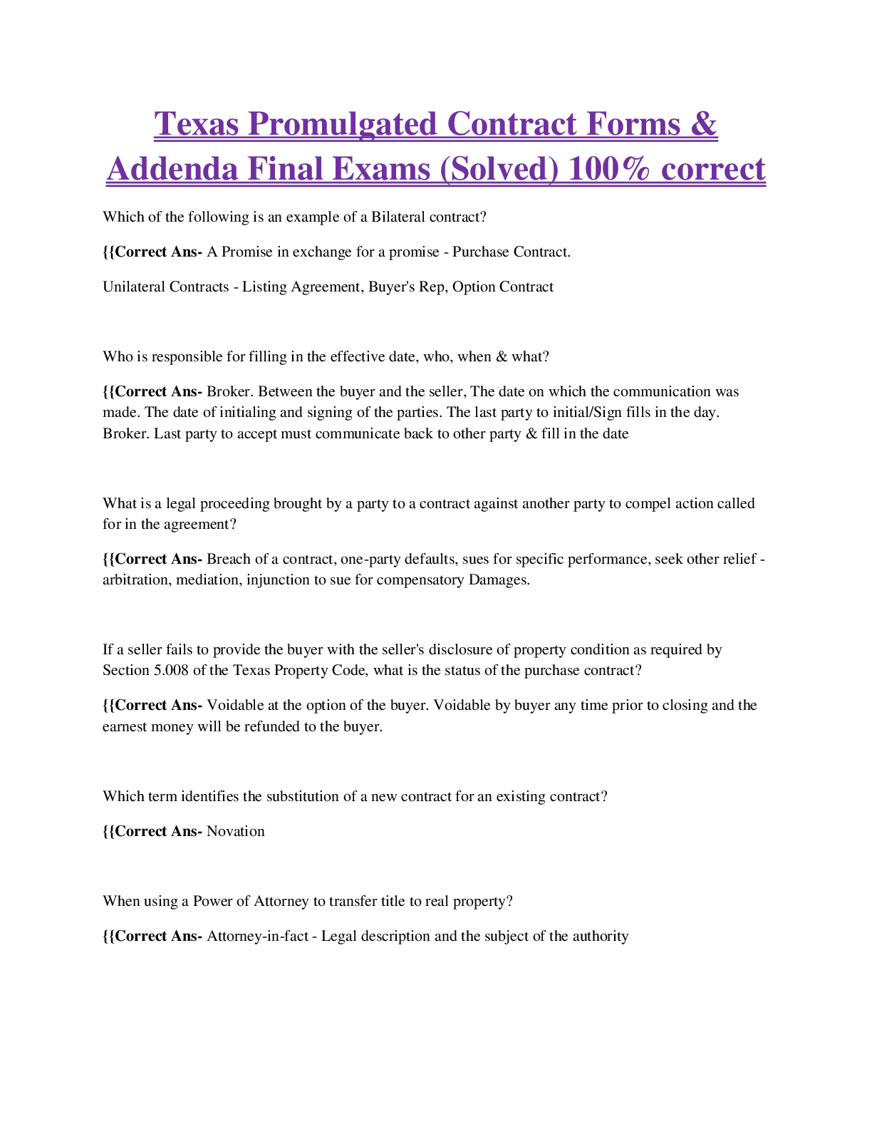 Texas Promulgated Contract Forms & Addenda Final Exams (Solved) 100
